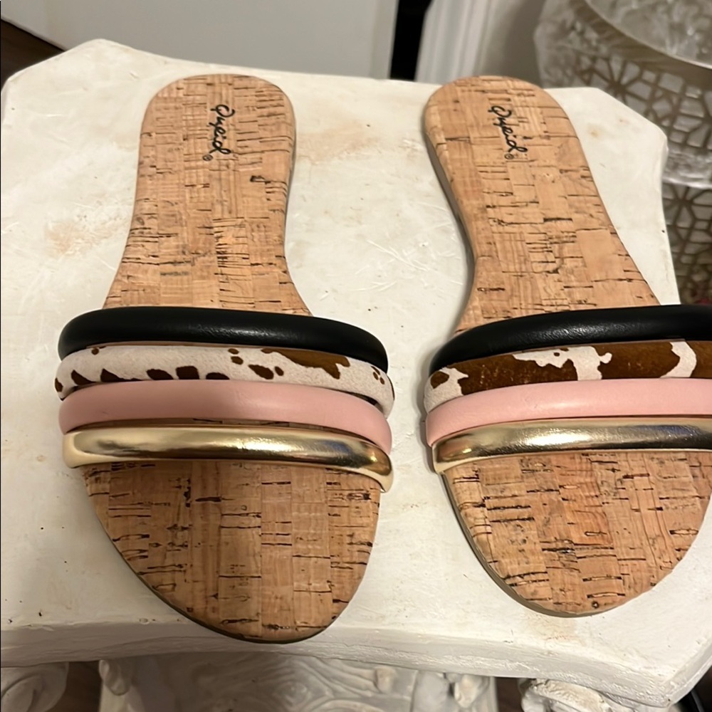 Qupid Women's Cork Sandals - Black, Pink, Gold